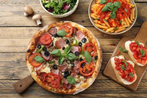 top view slow food pizza and pasta